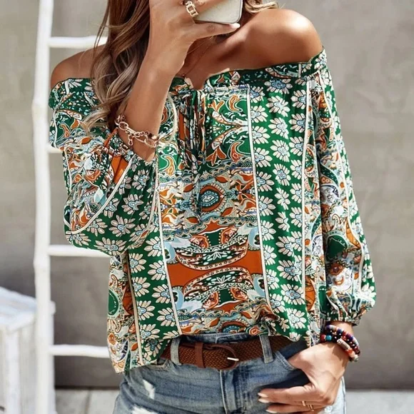 Boho Floral Print Off Shoulder Blouse - Picture 5 of 13